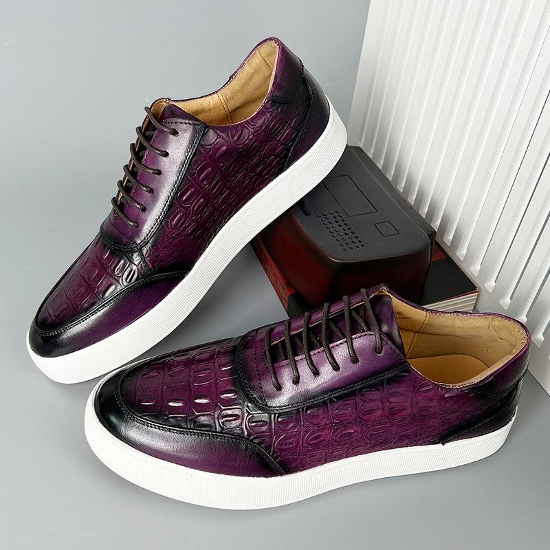 Newest 2024 Autumn Men Genuine Leather Casual Sneakers Lace Up Handmade Crocodile Design Men Daily Leather Footwear Purple