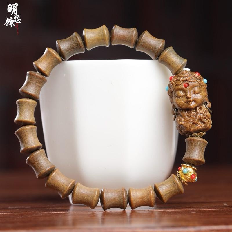 Green Sandalwood Bamboo Bead Bracelet DIY Avalokiteshvara 0.8x1.0 Men's & Women's Single-Loop Buddhist Beads