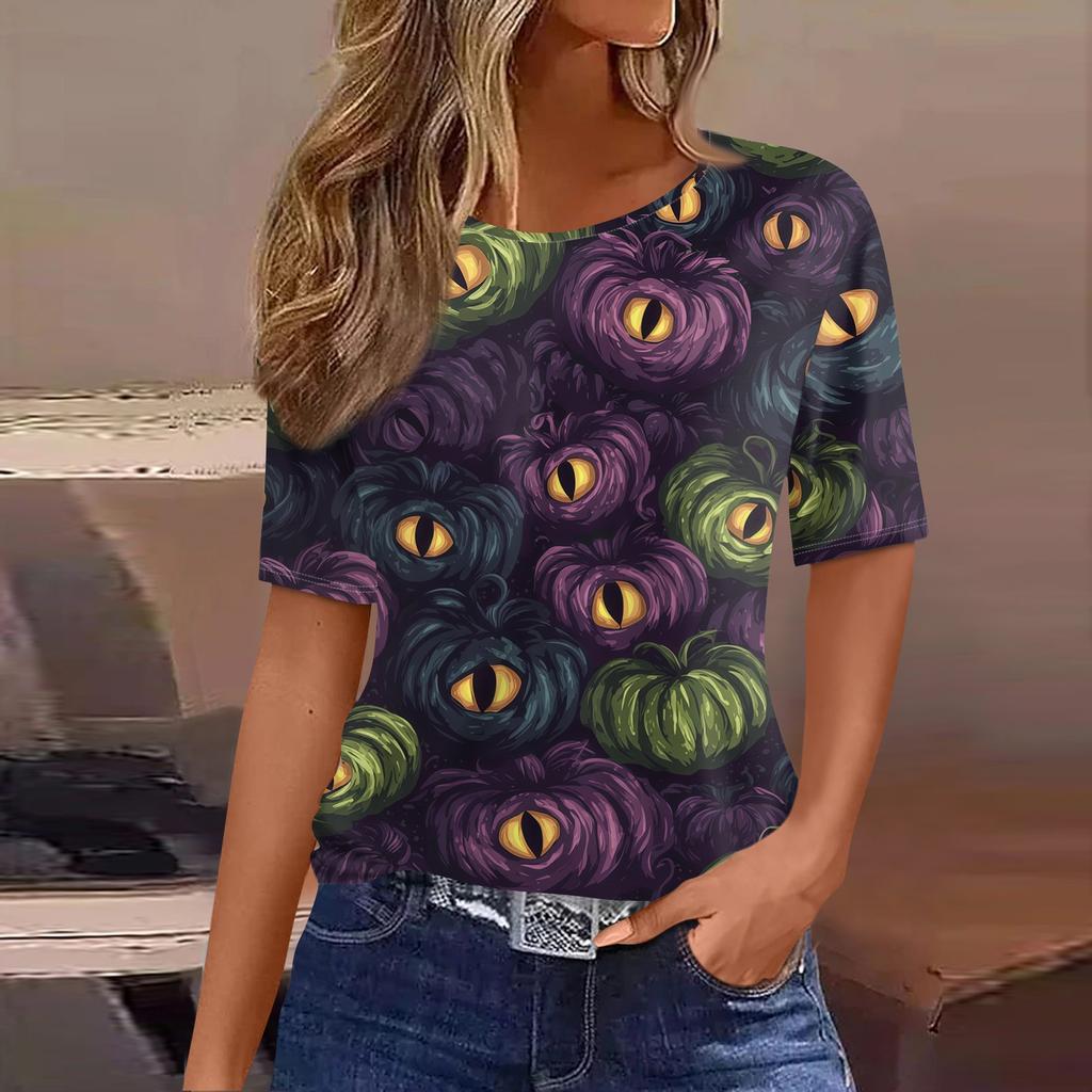 Women's Casual Short Sleeve Pullover Top Halloween Bat Pumpkin Print Round Neck Relaxed Fit Shirt for Fall Seasonal Wear