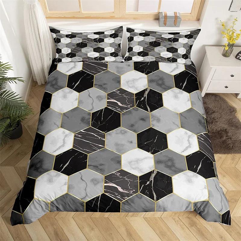 Marble Duvet Cover Set Microfiber Geometric Hexagone Quilt Cover Honeycomb Bedding Set Single King Queen For Kids Teens Adults