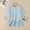 Women Casual Round Neck Solid Color Loose Short Sleeve Blouse