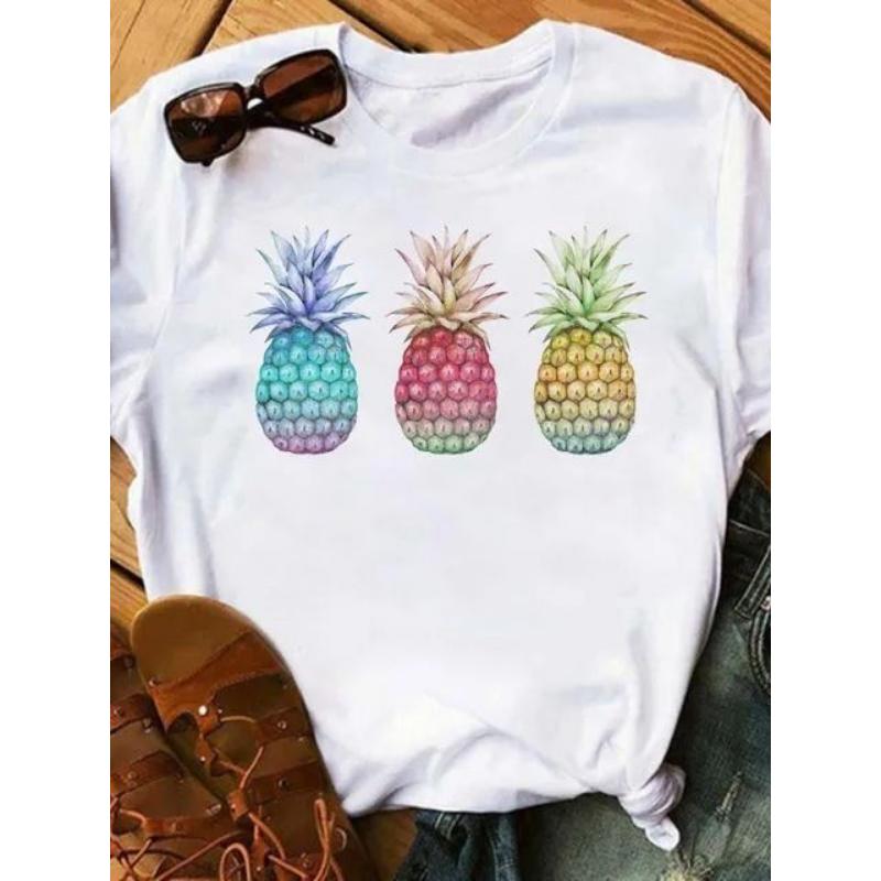 Maycaur Tricou noi pentru femei, Topuri imprimate cu ananas, tricou pentru femei, cu mânecă scurtă, cu decolteu O, tricou pentru femei, cămăși drăguțe de vară