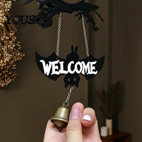 Haunted House Decor Halloween Ghost Swing Bat WELCOME Wind Chime, Bell Door Decoration with Vintage Copper Rustic Metal Bells, Wooden Hanging Ornament