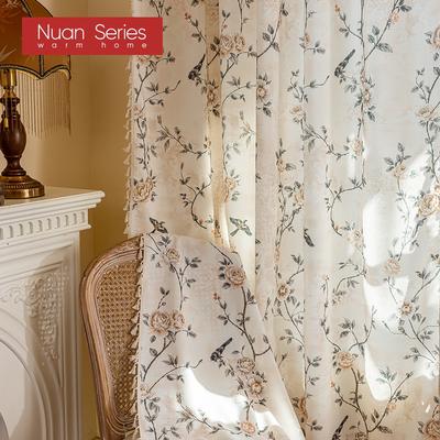 1PC Nuan Series French Retro Rose and Bird Print Curtains Beige Tassel Edge Semi Transparent Curtains for Bedroom Living Room Window Home Decor