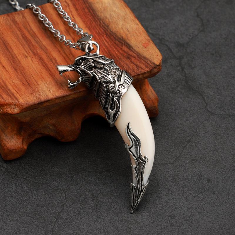 Men's Retro Resin Wolf Tooth Necklace with Stainless Steel Chain
