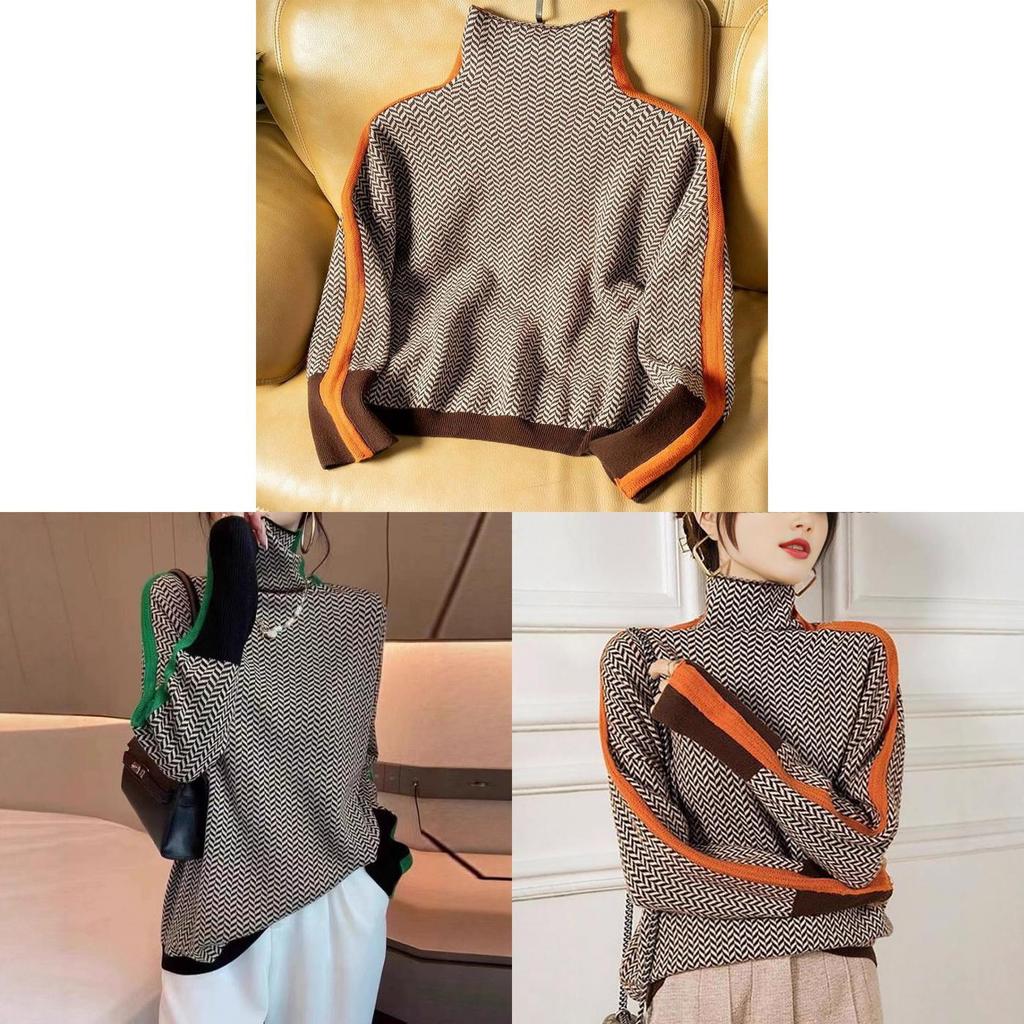 Geometrischer Strickpullover mit Farbblock-Kanten für Damen Herbst