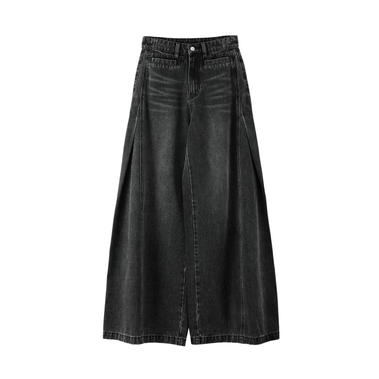 

High-Waisted Wide-Leg Black Jeans for Women - Spring Retro Style, Loose Fit, Slimming and Versatile, Size 26. Extra Large серый/джинсовый