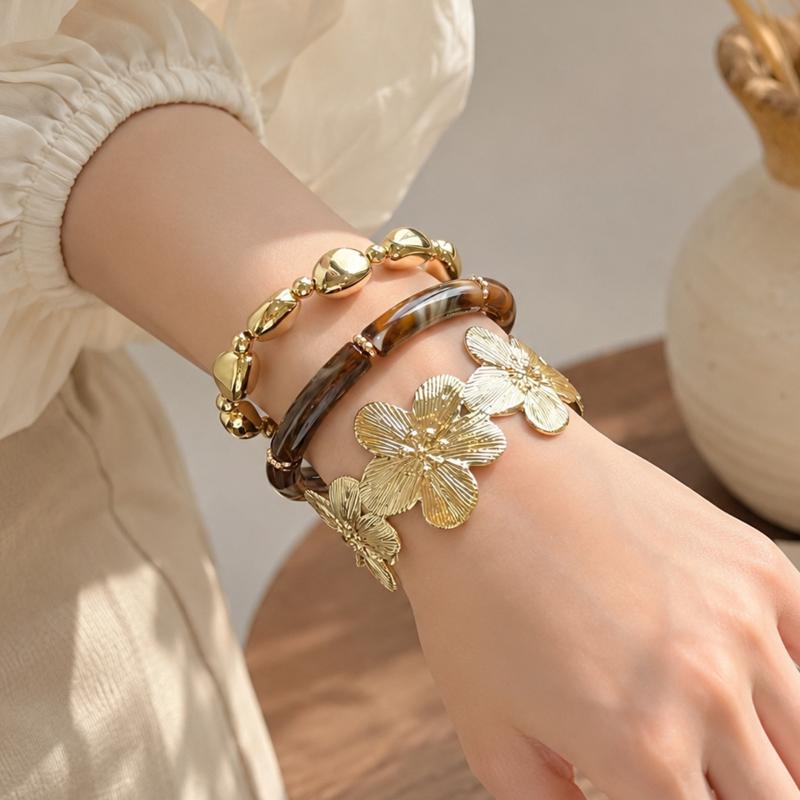 3Pcs Bohemian Ethnic Resin Bracelets for Women Golden Blossom Beaded Alloy Craft Fashion Wrist Accessory for Outdoor Picnic