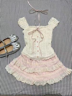 Summer Sweet Slash Neck Slim 2-piece Set Women Fashion Cute Off Shoulder Lace Up Tops Pretty Chic Lovely Lace Short Skirt New