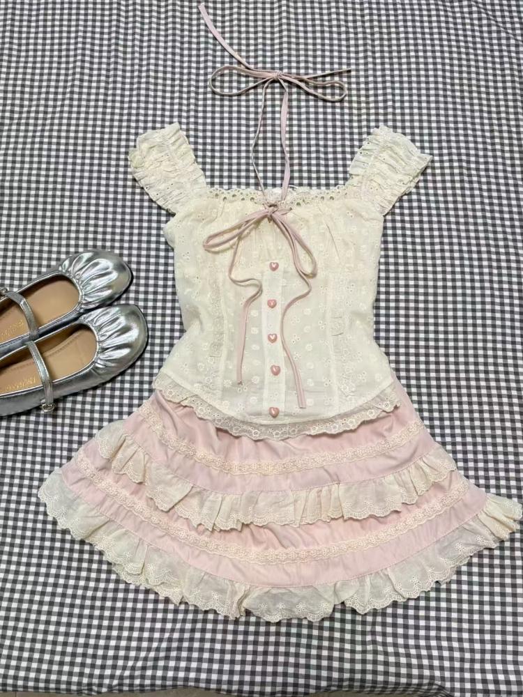 Summer Sweet Slash Neck Slim 2-piece Set Women Fashion Cute Off Shoulder Lace Up Tops Pretty Chic Lovely Lace Short Skirt New