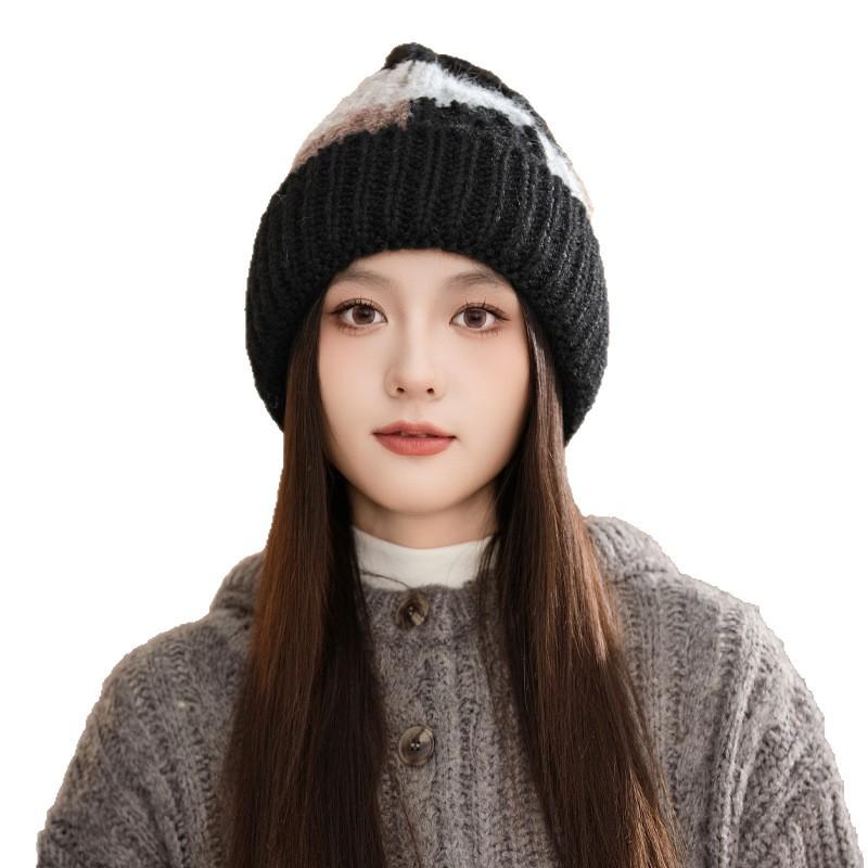 New Autumn and Winter Square Color Block Knitted Wool Hat American Big Head Windproof Pullover Hat Outdoor Casual Warm Hat