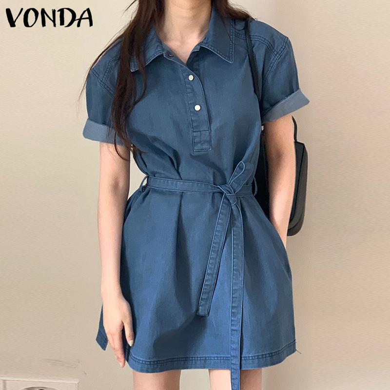 

VONDA с ​​коротким рукавом женское повседневное свободное мини-платье-рубашка на шнуровке