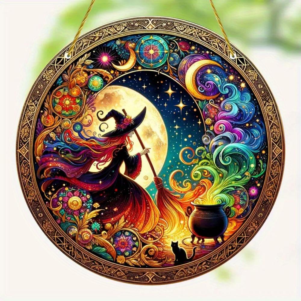 2D Flat Halloween Witch Print Art Window Hanging Dream Catcher, Acrylic Round Wreath Decoration, Indoor and Outdoor Porch Home Accessories