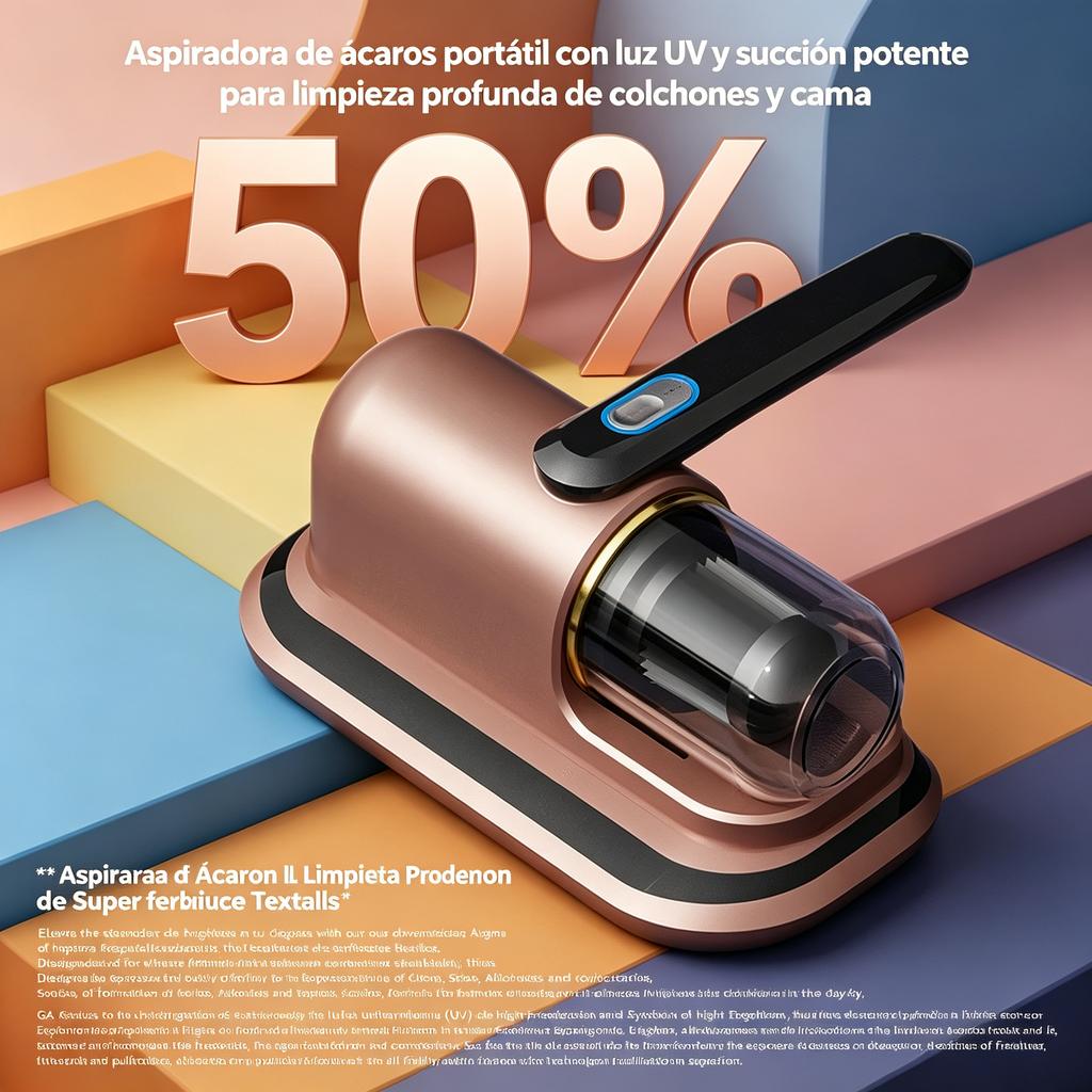 Aspiradora de ácaros portátil con luz UV y succión potente para limpieza profunda de colchones y cama