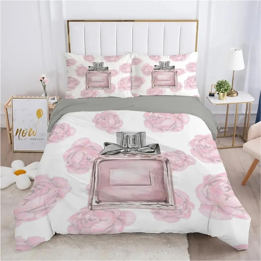 Perfume Floral Duvet Cover Set Pink Makeup Bedding Set With Pillowcase,Girls Women Romantic Fashion Gifts Comforter Cover Set