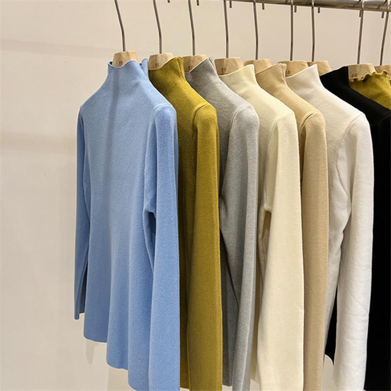 Cămașă de toamnă și iarnă pentru femei Pulover de culoare solidă Bluză subțire cu mâneci lungi Tricoturi cu gât pe jumătate
