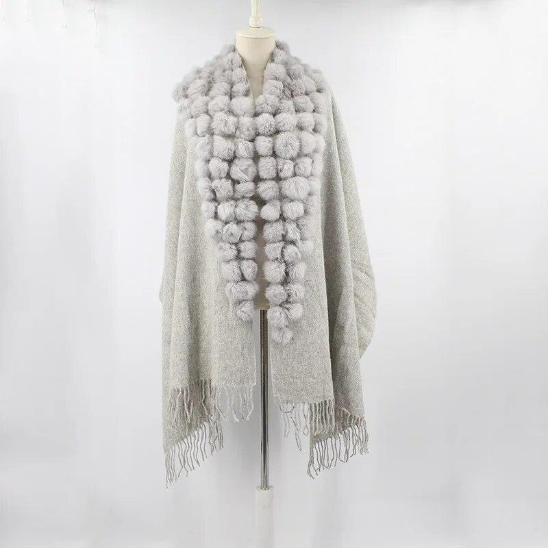 20 Colors Triangle Real Rabbit Fur Ball Shawl Wraps Winter Women Cashmere Tassel Cape Pompon Cloak Lady Mum Gift Casaco Feminino
