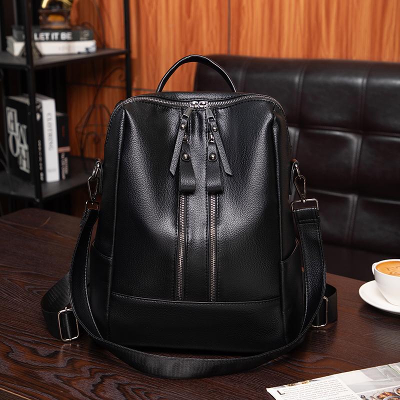 Women's PU Backpack Double Zipper Solid Color Retro Large Capacity School Bag Multifunctional Shoulder Bag