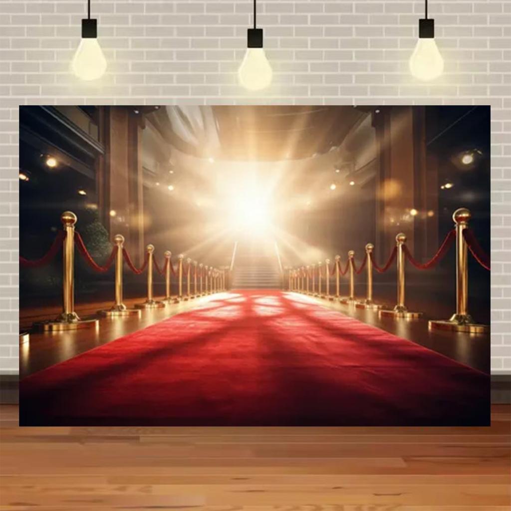 Fondo Fotografico Tappeto Rosso di Hollywood, Tema Uscita Film e Premio Oscar, Fondo Fotografico Focalizzato sull'Oro, Decorazioni per Eventi e Palchi