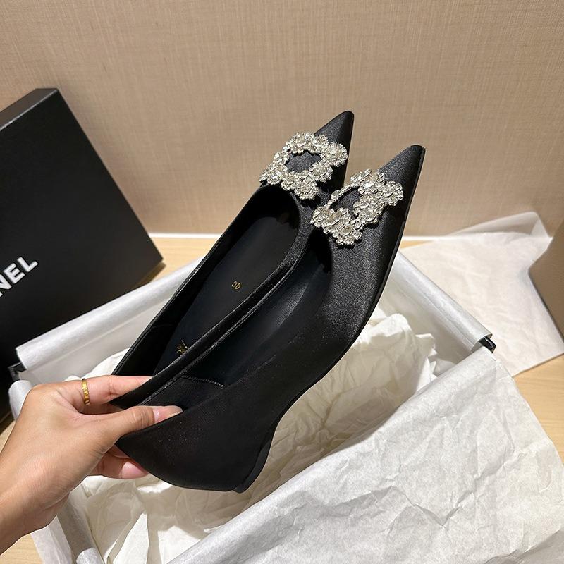 24P2 Flat Shoes Women's New Rhinestone Square Buckle Pointed Head Shallow Mouth Black Temperament Inner Height-increasing Single Shoes