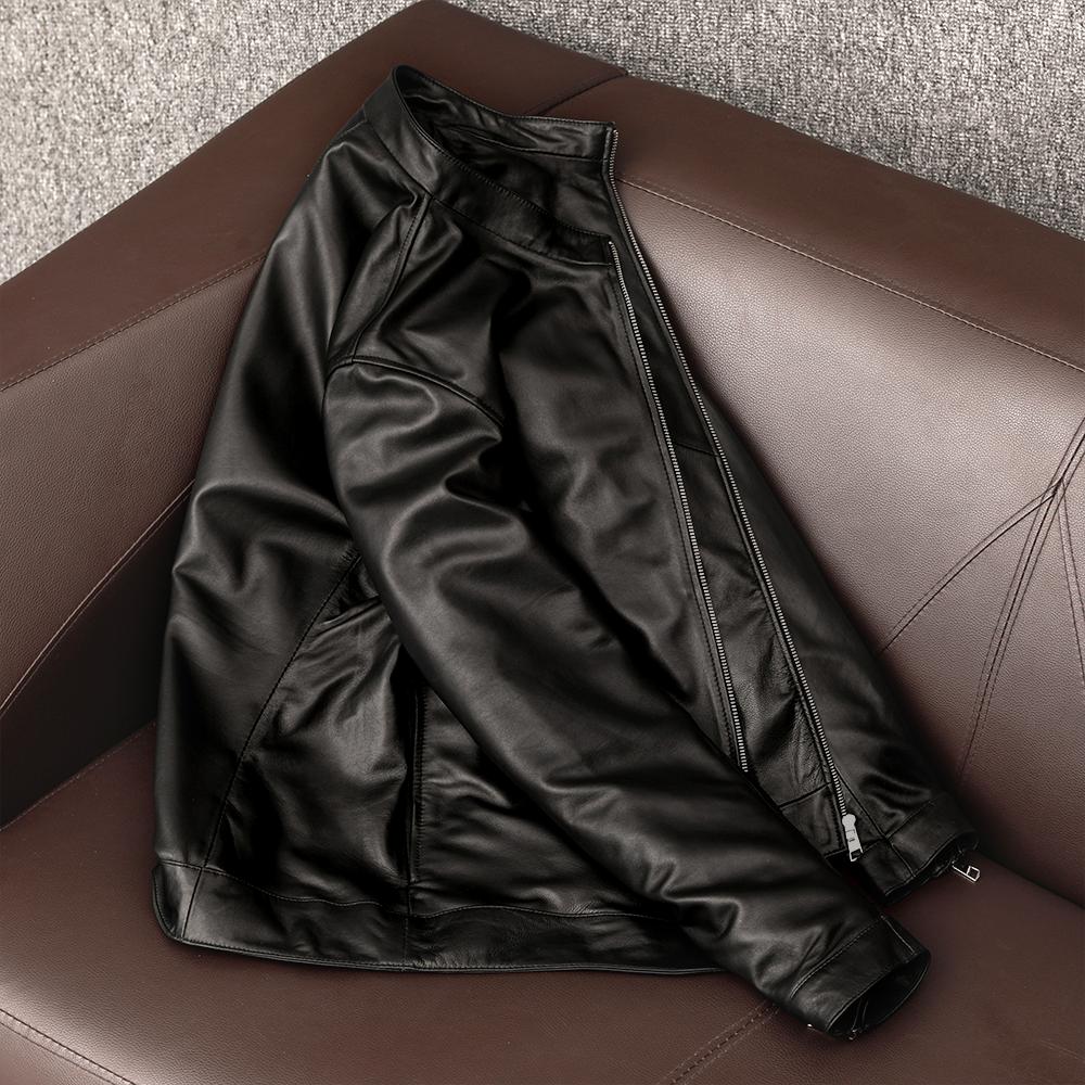 New Korean Style Stylish Simple Genuine Sheepskin Leather Jacket Men Short Stand Collar Casual Coat