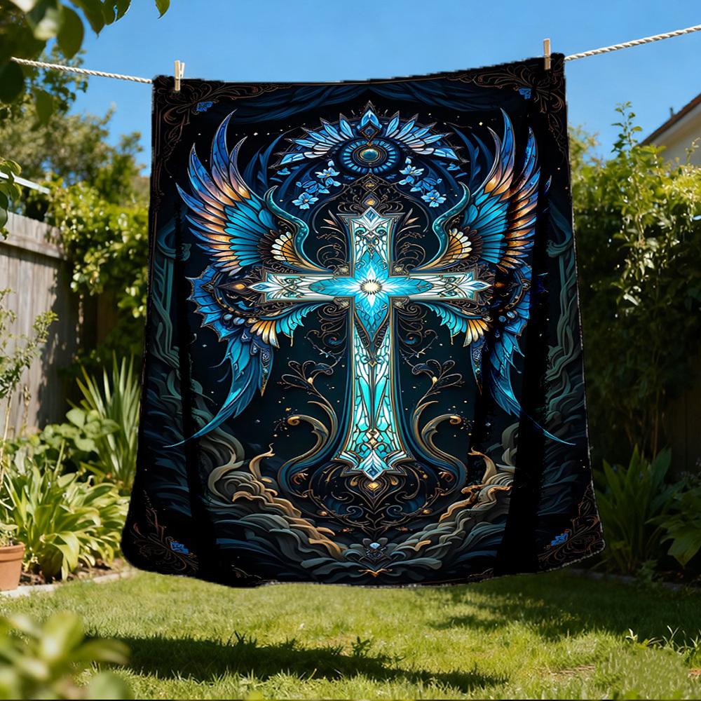 1pc Cross Ornament Throw Blanket Polyester Fiber, Lightweight Flannel, Soft & Warm, All Season Use for Outdoor, Camping Digital Print