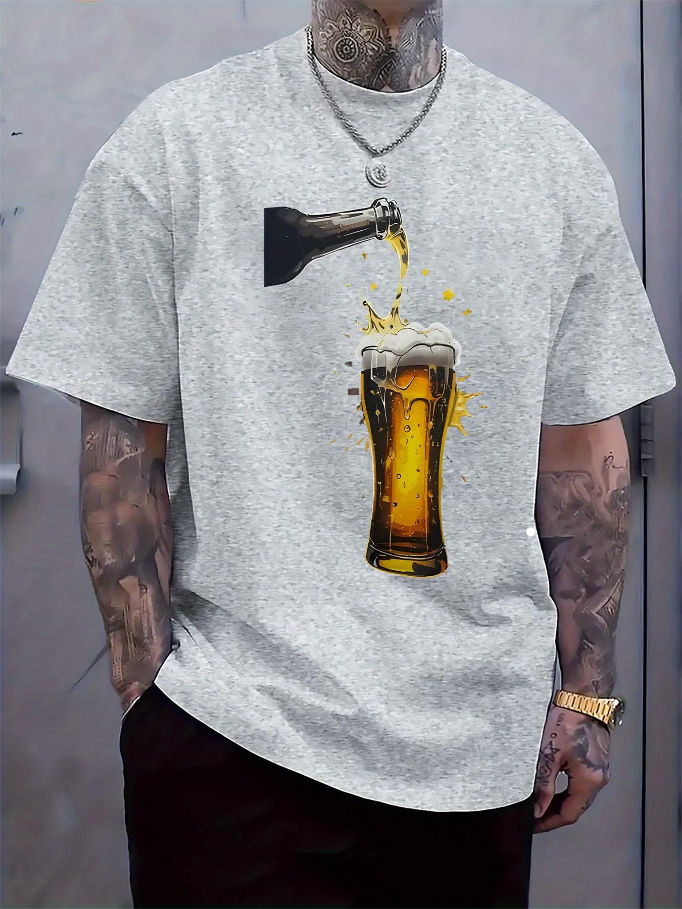 Black T-shirt with Beer Pouring Design - Casual Crew Neck XXXXL