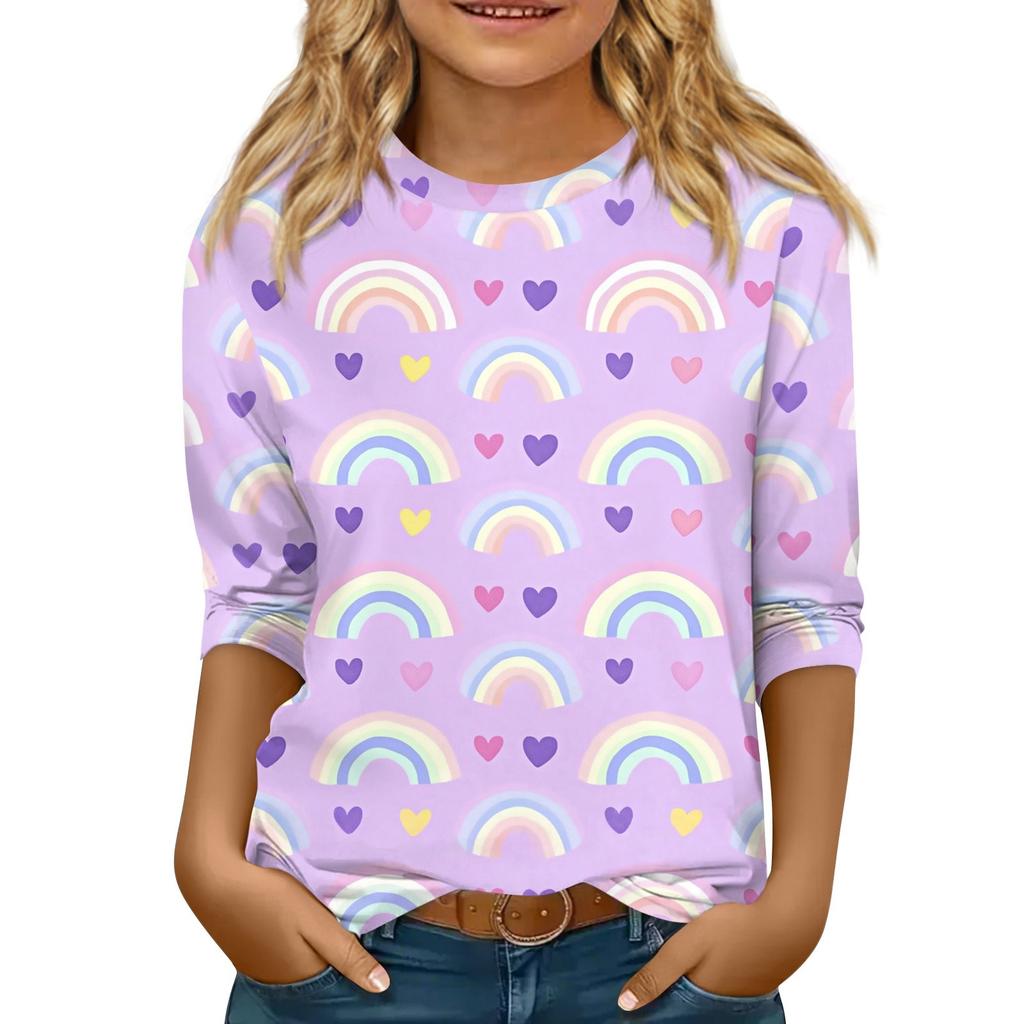 Kinder 3/4 Ärmel Tops Casual Print T-Shirt Rundhals Pullover Bluse