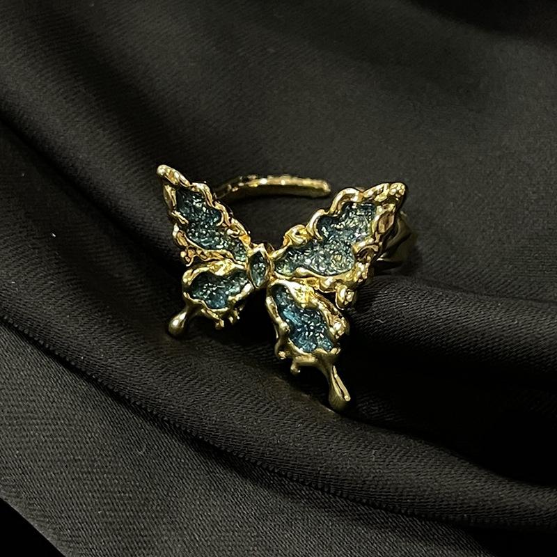 Butterfly Dripping Oil Open Ring, Personality, Niche Design, Cold Wind Ring, Stacked Index Finger Ring, Female