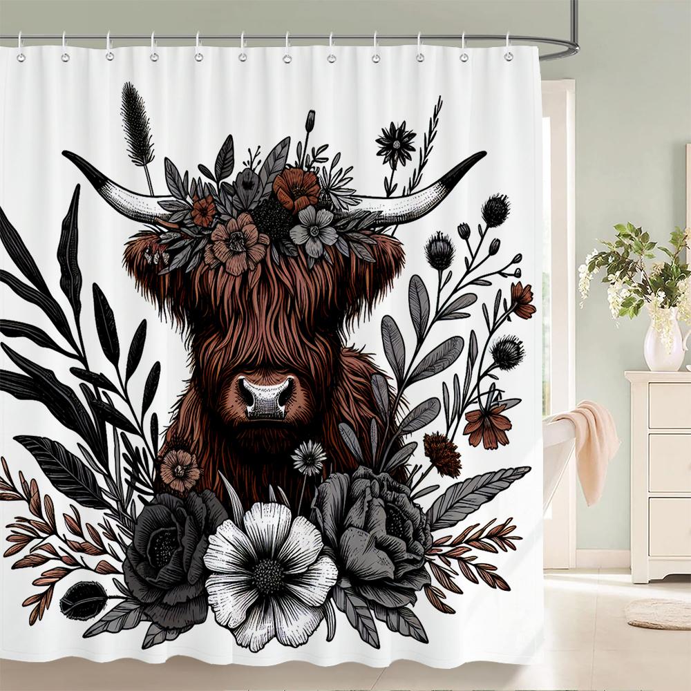 Watercolor Plants And Highland Cow Animal Shower Curtain Print Polyester Waterproof Bathroom Curtains With Hook Decorate Curtain