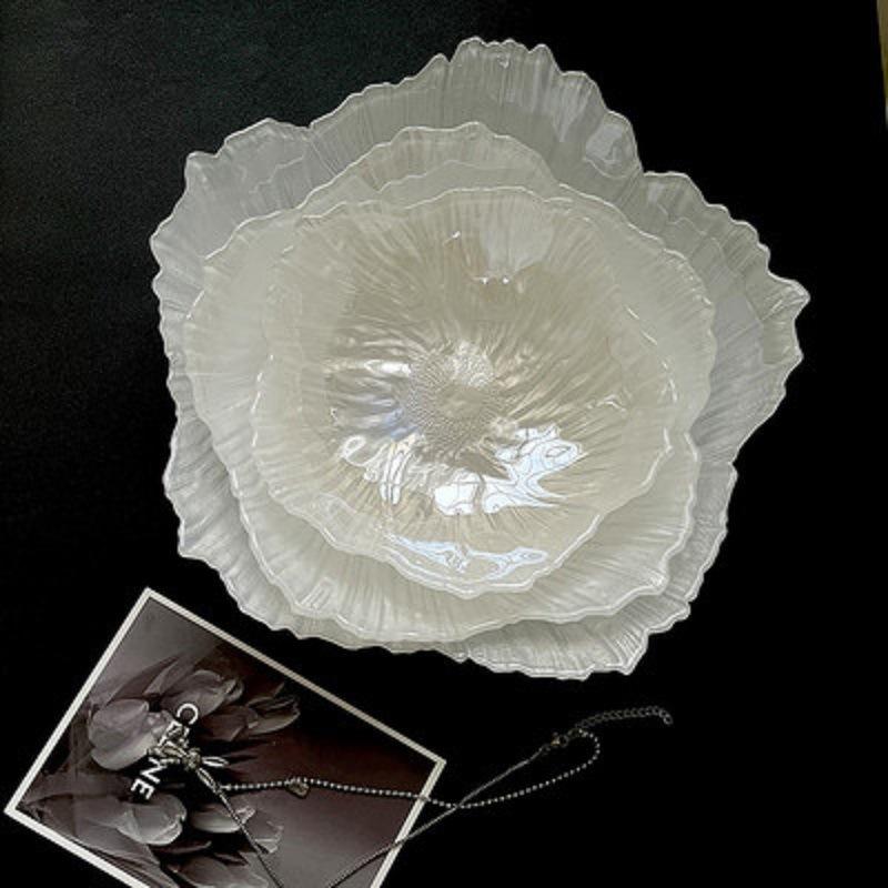 European Style Flower Crystal Glass Fruit Tray Large Household Simple Tea Tray Snack Tray Pearl White Simple Style