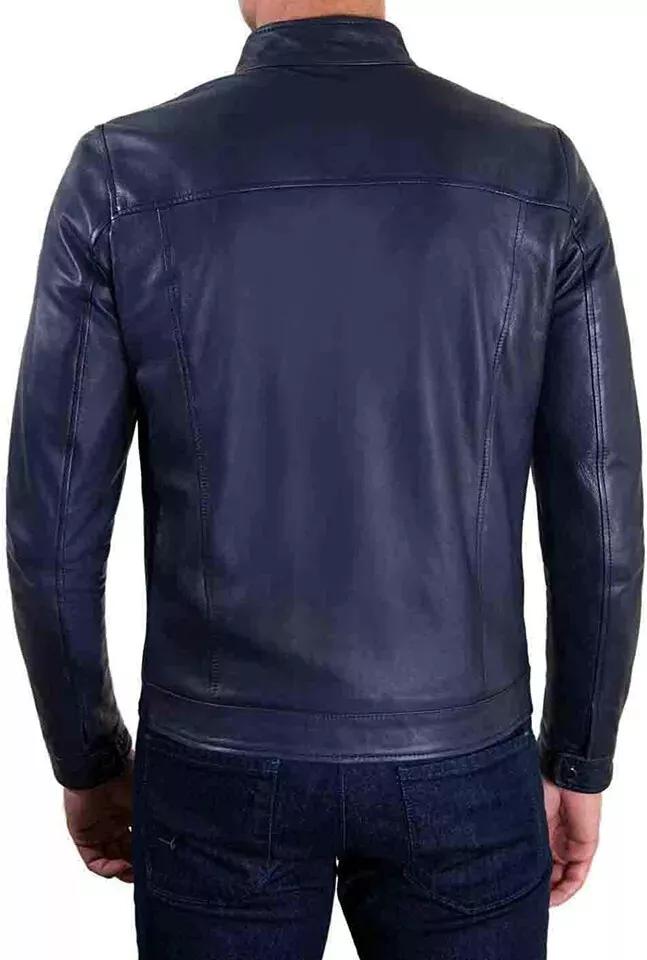 Stylová pánská bunda z čisté měkké kůže modrá ručně šitá módní motorkářská ležérní