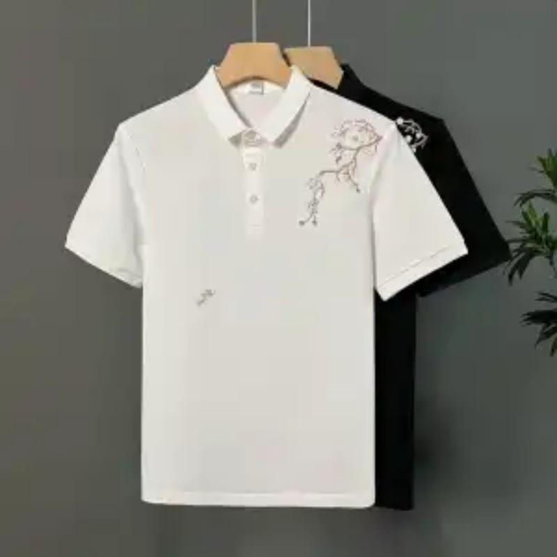 Mens White Plum Blossom Embroidered Short Sleeve Lapel Neck Polo Shirt M белый