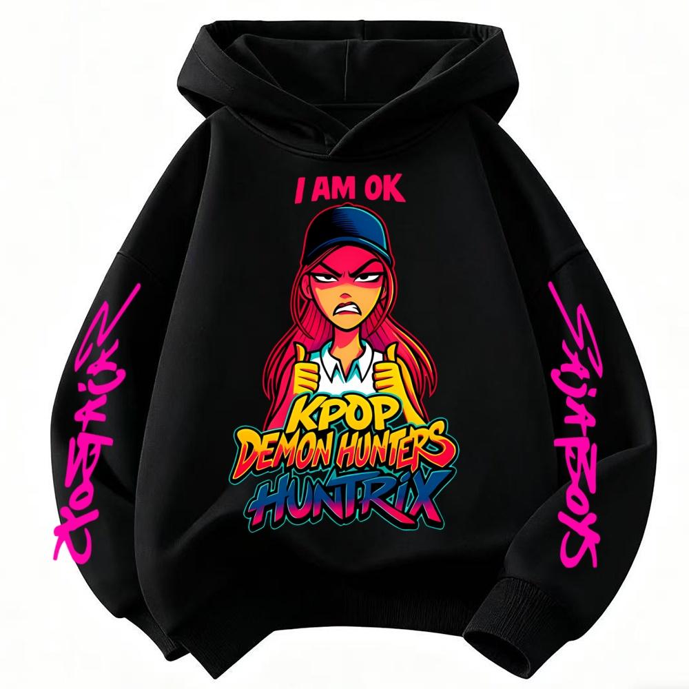 Cute Derpy KPop Demon Hunter Cartoon Girls Hooded Sweatshirt Warm Children's Wave Fashion Tops Casual Black Pink Clothing