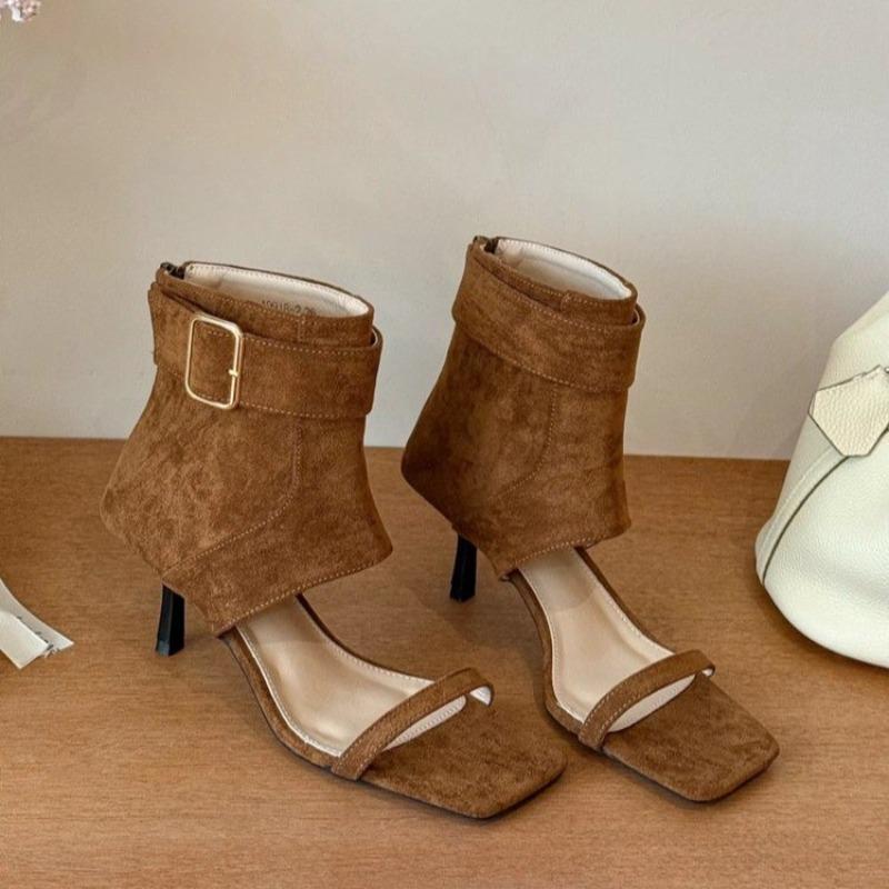 

Retro Summer New Square Toe Open Toe High Heel Cold Boots Women s Metal Buckle Non-slip Wear-resistant Stiletto Shoes 41 світло-коричневого кольору