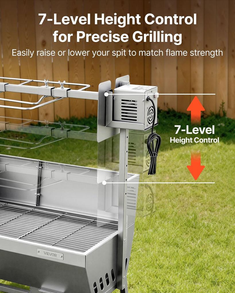 Parrilla Rotisserie, Asador de Cerdo y Cordero para Barbacoa Exterior de 38W, Asador de Carbón con Capacidad de 60 kg, Ruedas y 4 Niveles de Altura, Acero Inoxidable