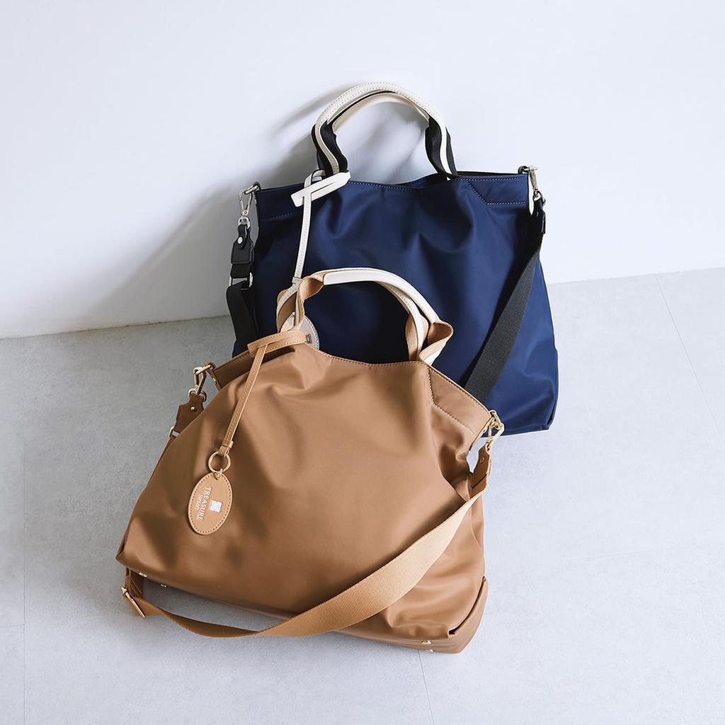 [TREASURE TOPKAPI] Striped Handle Nylon 2-Way Tote Bag, A4 Size (Camel)