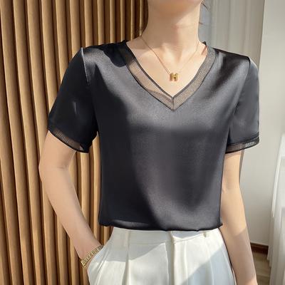 Women's Summer Cooler Smooth Short Sleeve Round Neck V Neck Large Size Short Sleeve Solid Color Business Short Sleeve