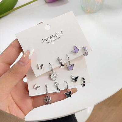6Pcs/Set Fashion Copper Color Butterfly Stud Earring Set for Women Korean Crystal Heart Bowknot Earrings Zircon 2026 New Trend