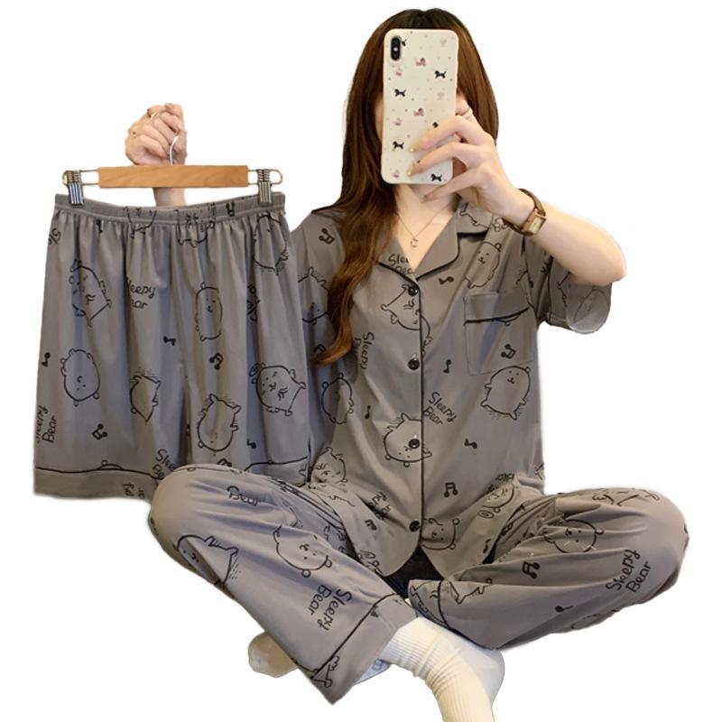 Self-Deprecating Bear Premium Gray Pajamas Women'S Summer Short-Sleeved Trousers Three-Piece Cartoon Loungewear