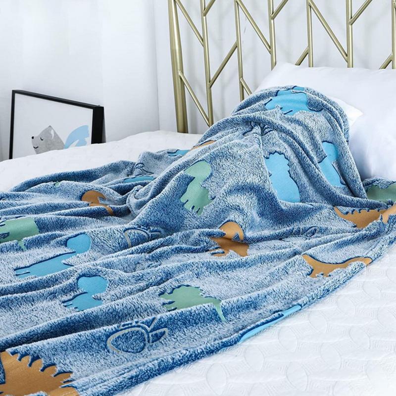 New Dinosaur Luminous Blanket Soft Cozy Flannel Throw Blanket Double-Sided Cartoon Dinosaur Glow Blanket for Kids Magic Gift