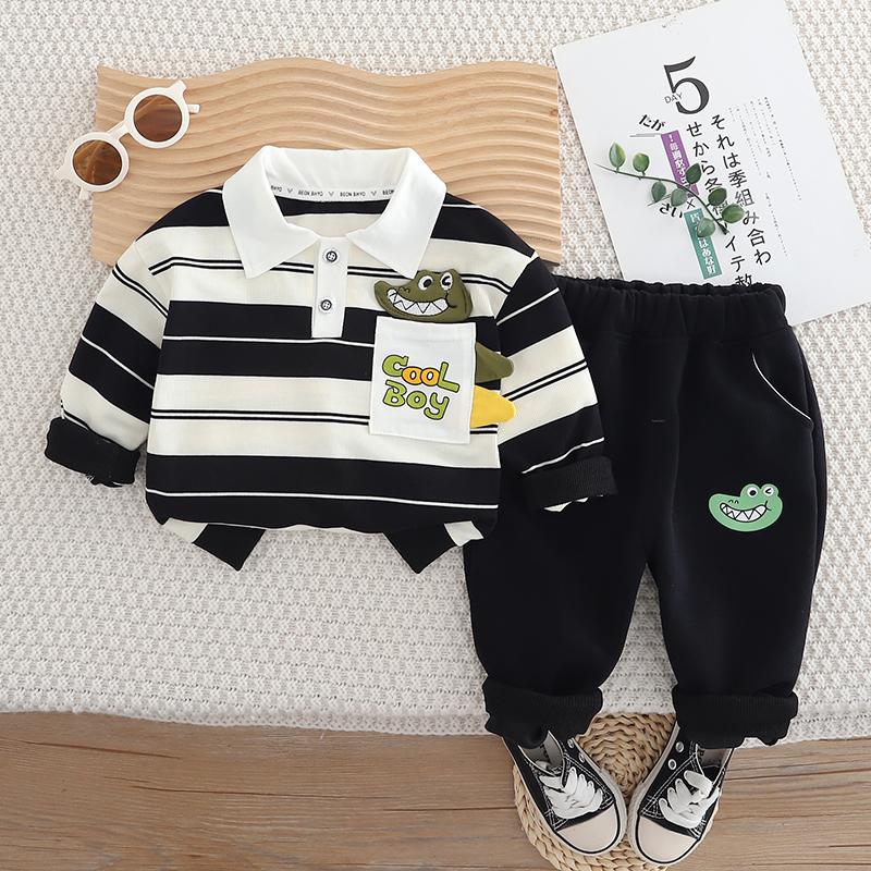 

Комплект из двух предметов с длинными рукавами для мальчиков от 0 до 5 лет: детская полосатая рубашка-поло с рисунком крокодила + повседневные брюки XL чёрный