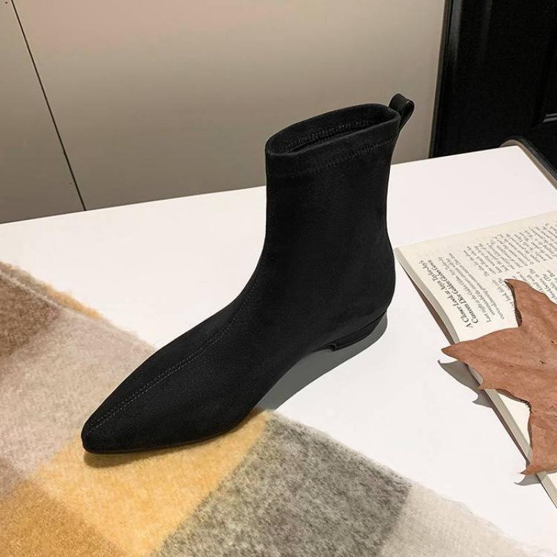 Autumn and winter elastic cashmere large size women's boots solid color non-slip beef tendon sole sleeve wedge heel new leather high boots