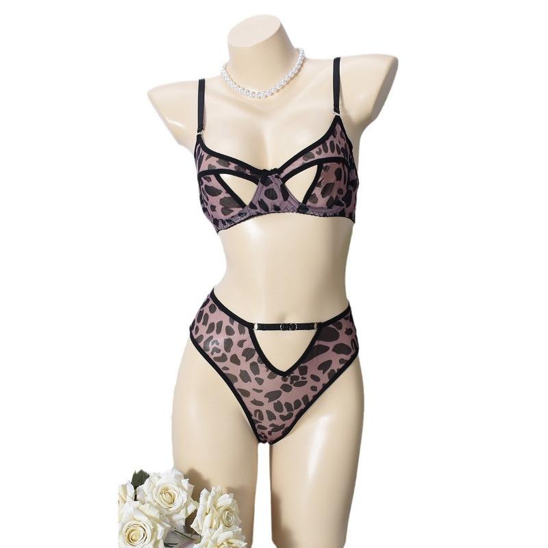 Leopard Print Mesh Printing Perspective Sexy Breasts Seduction Three-point Sexy Underwear Suit Women