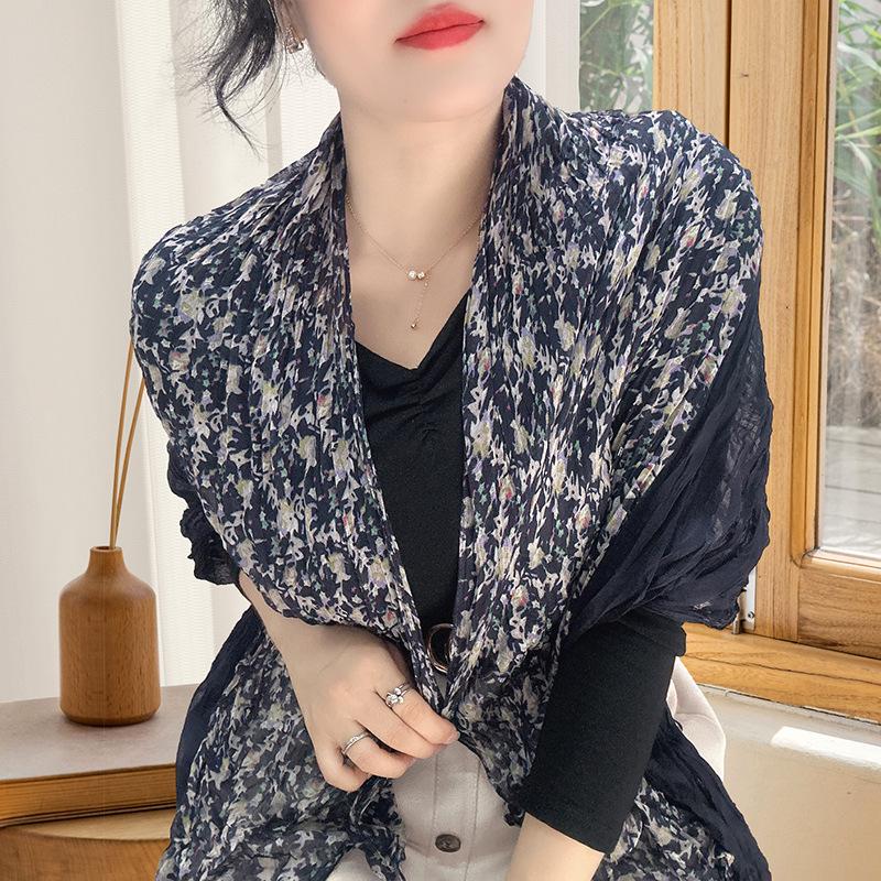 Small Floral Thin Mori Age-reducing Wrinkled Sunscreen Silk Scarf Women's Summer New Versatile Shawl Fashion Trends