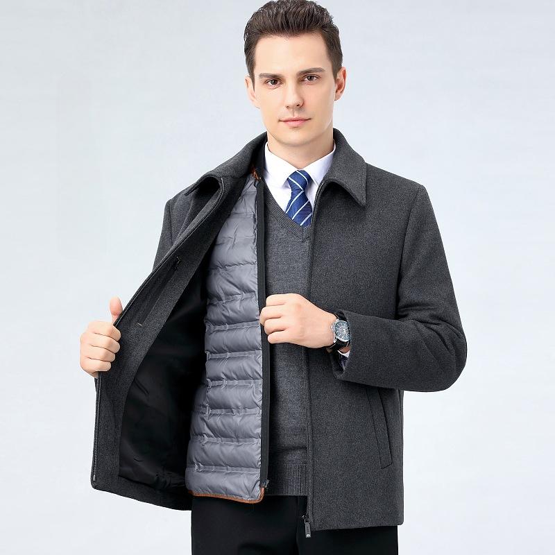 Winter Cashmere Coat for Men, Short Down Lining, Thickened Woolen Woolen Coat for Middle-aged Dads