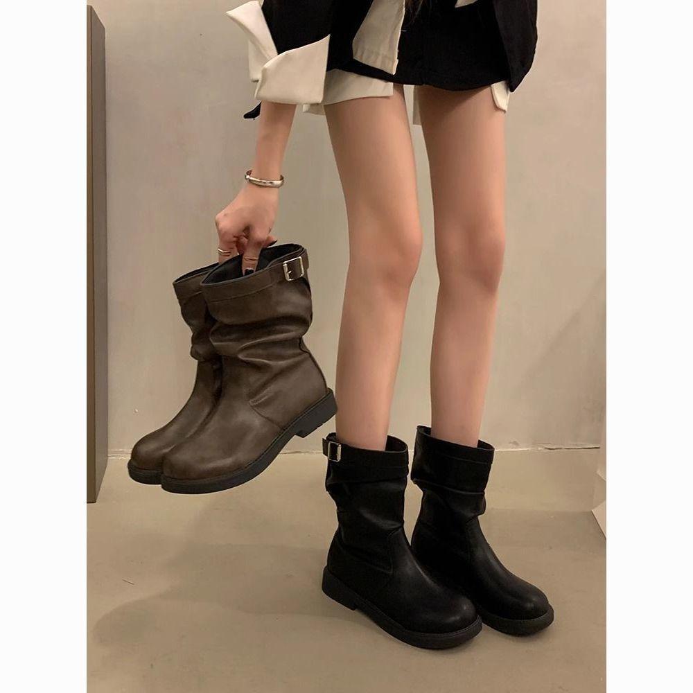Height-increasing thick heel retro medium boots knight boots women's 2025 new single boots stacked small short boots autumn and winter Martin boots