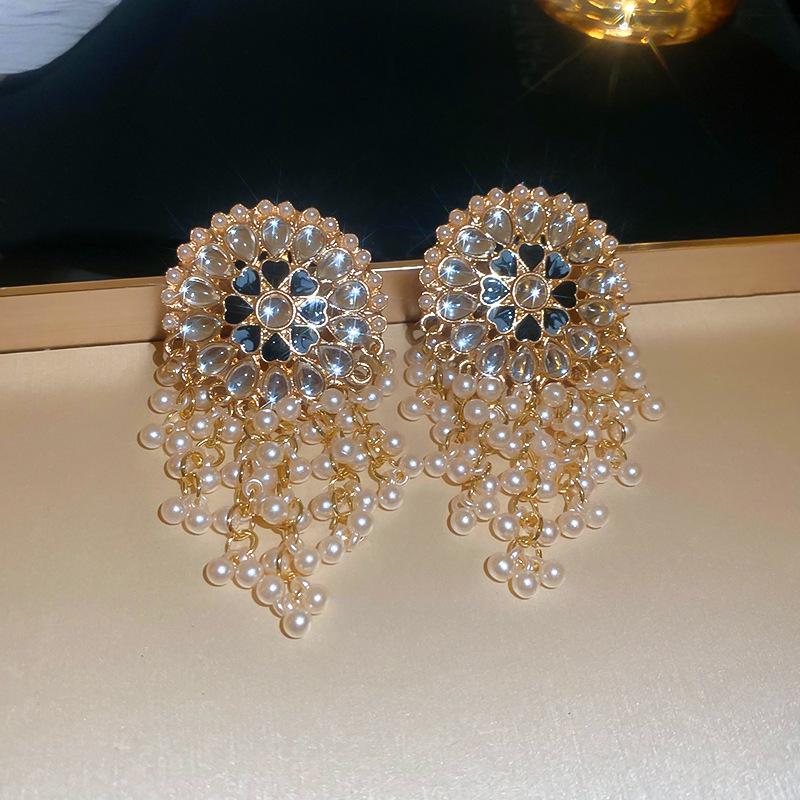 Silver Needle Diamond-Inlaid Acrylic Tassel Earrings: Luxurious Ethnic Style Studs for Women