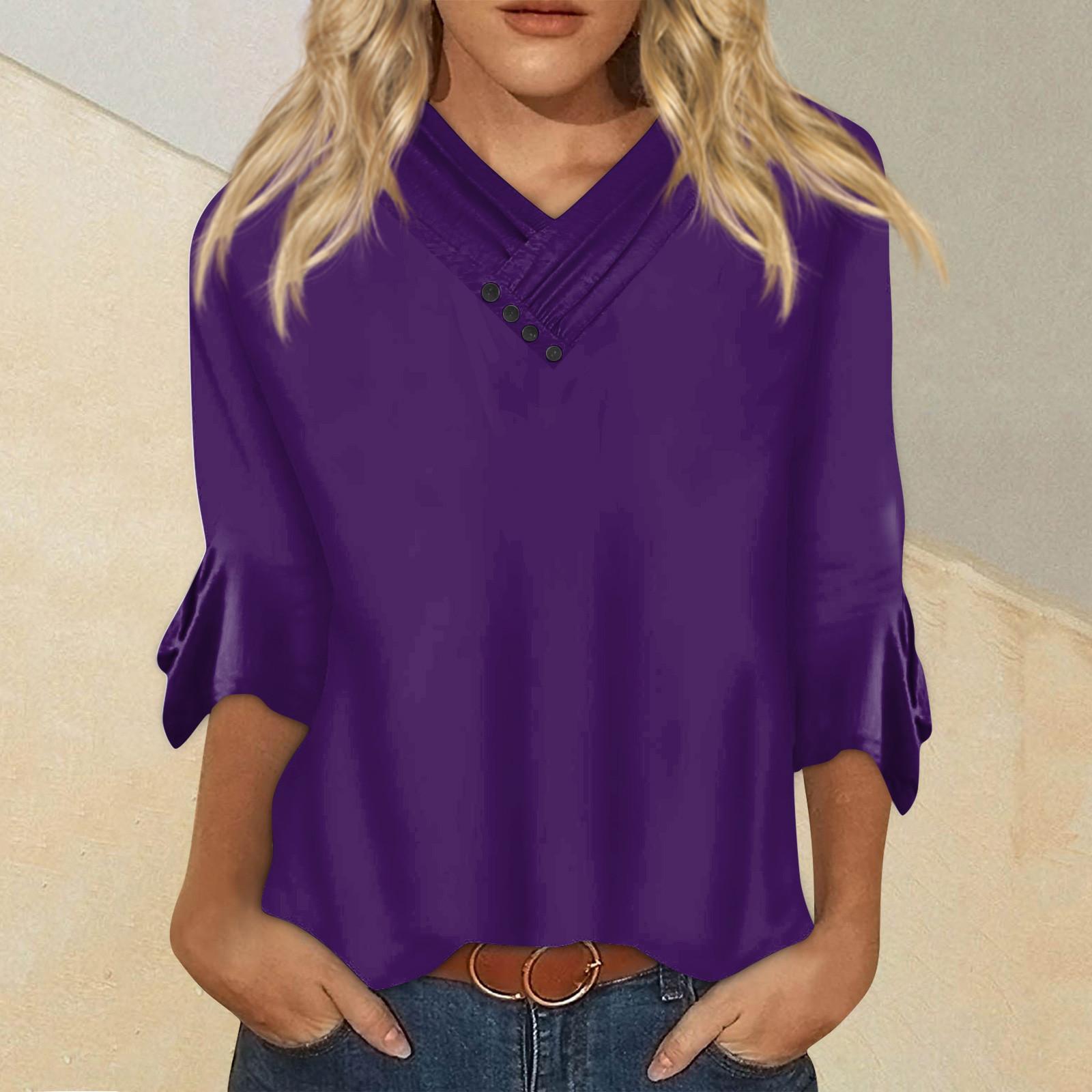 Women s Fashion Loose Casual Button Down V-Neck Colour Bell Seven Quarter Sleeve T-Shirt Top XXXL
