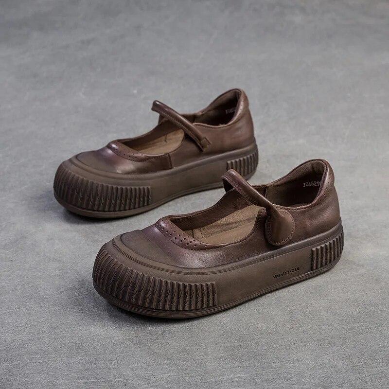 

Johnature/туфли из натуральной кожи на плоской подошве в стиле ретро, ​​универсальная удобная женская обувь на толстой подошве 39 темно-коричневого